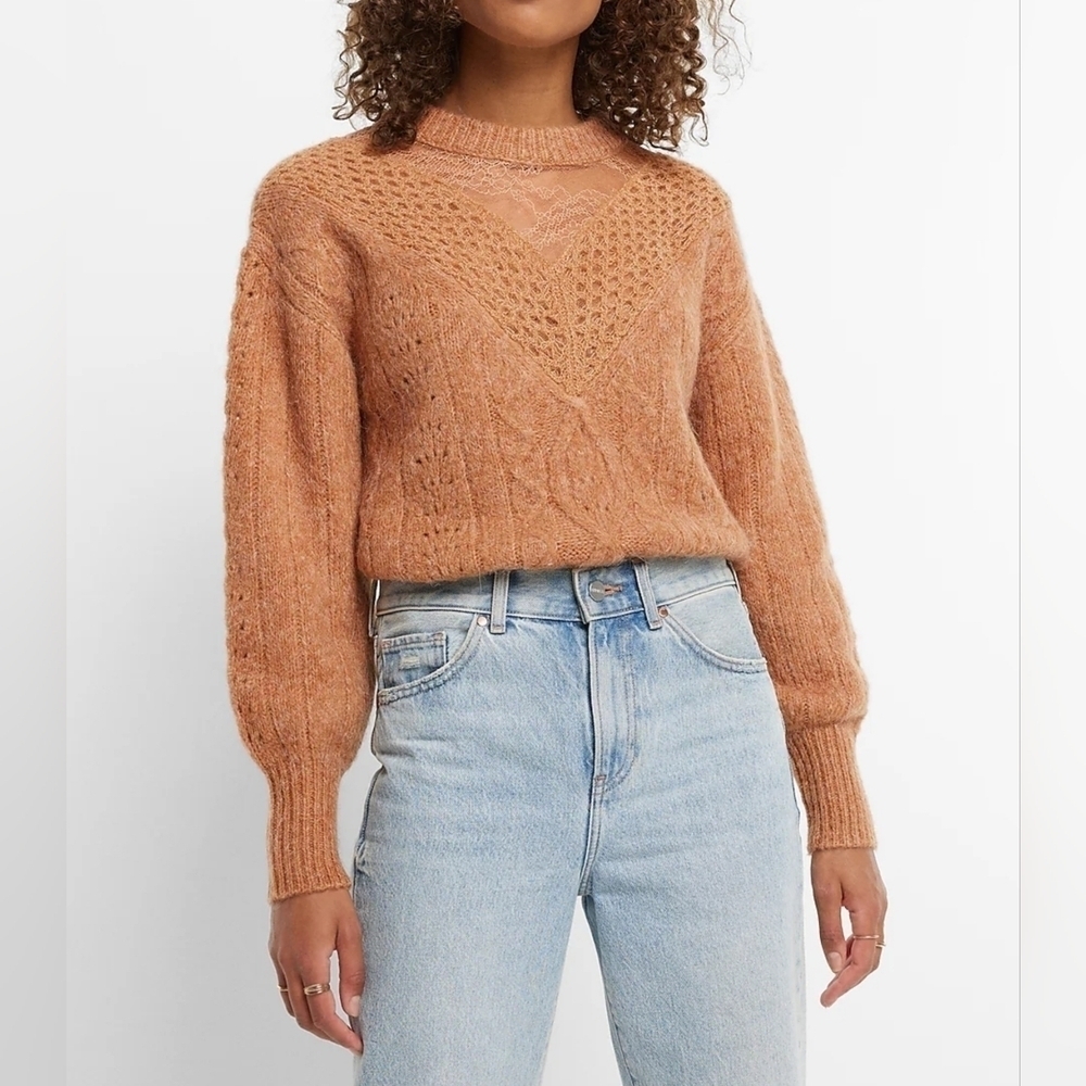 EXPRESS Cable Knit Crew Neck Lace Wool Blend Sweater Butterscotch XL